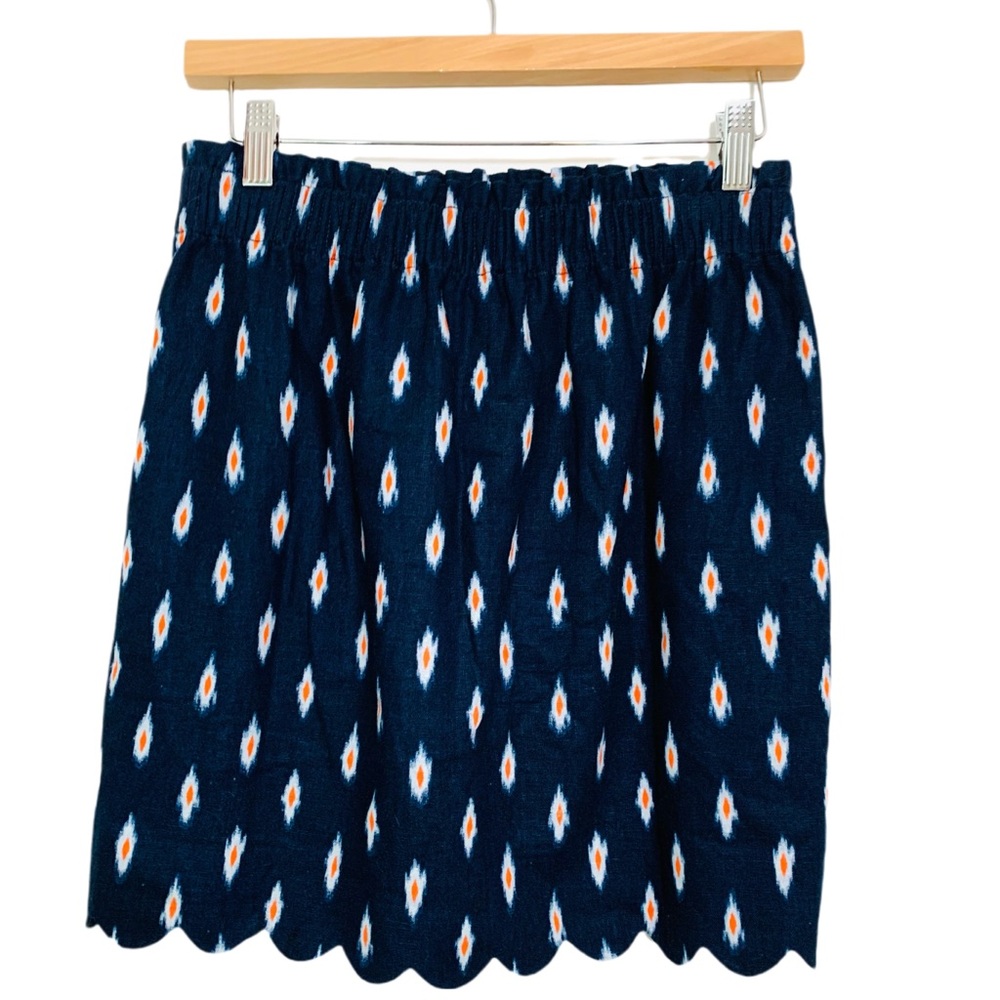 J Crew Ikat Printed Scalloped Sidewalk Skirt Size 4 Linen Blend Navy Blue - Picture 5 of 12